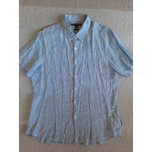 Michael Kors Men XL Pure Linen Pinstripe Slim Fit Canvas Light Blue Button Shirt
