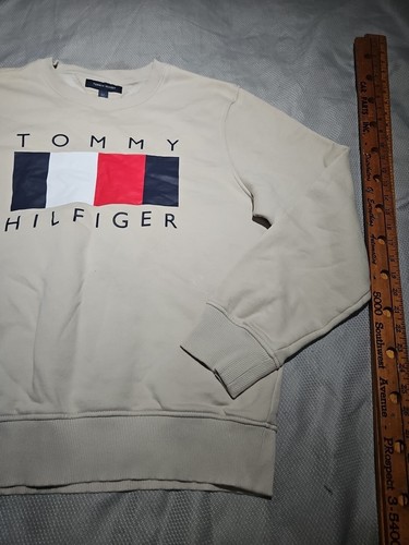 Tommy Hilfiger Sweatshirt Herren Große L Beige Flagge Logo Rundhals Pullover Oberteil - Bild 4 von 12