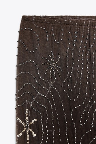 ZARA SS25 NEW WOMAN MID-WAIST SEMI-SHEER BEADED SEQUIN PANTS CHOCOLATE 4813/340 - Picture 4 of 9