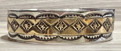 Designer Signed Native American Sterling Silver & 12K Gold Filled Cuff Bracelet