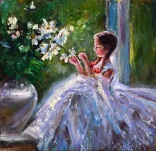 Original Oil Painting of a Girl in a White Dress Holding Flowers by the Window