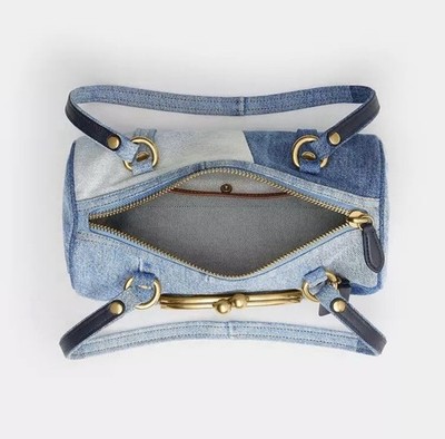 Coach Kisslock Barrel Bag 28 in Repurposed Denim & Soft Leather