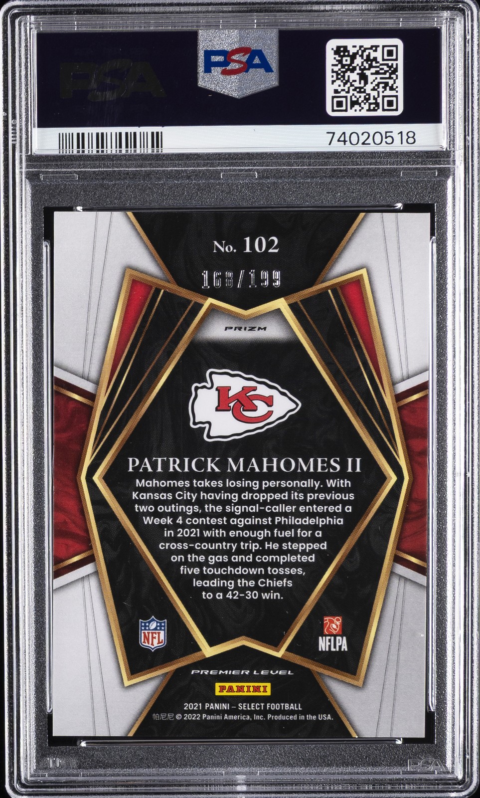 2021 PANINI SELECT TRI-COLOR PRIZM #102 PATRICK MAHOMES II 168/199 PSA 10 view 2