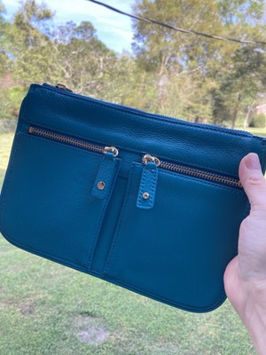Talbots Blue Green Crossbody Bag Leather Detachable Strap Zip Closure 9.5 X 7 