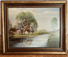 VTG Oil Landscape Painting Signed Country European Dutch Canal Cottage OOAK
