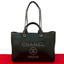 Chanel Deauville Leather 2Way Tote Bag Women Black One Size