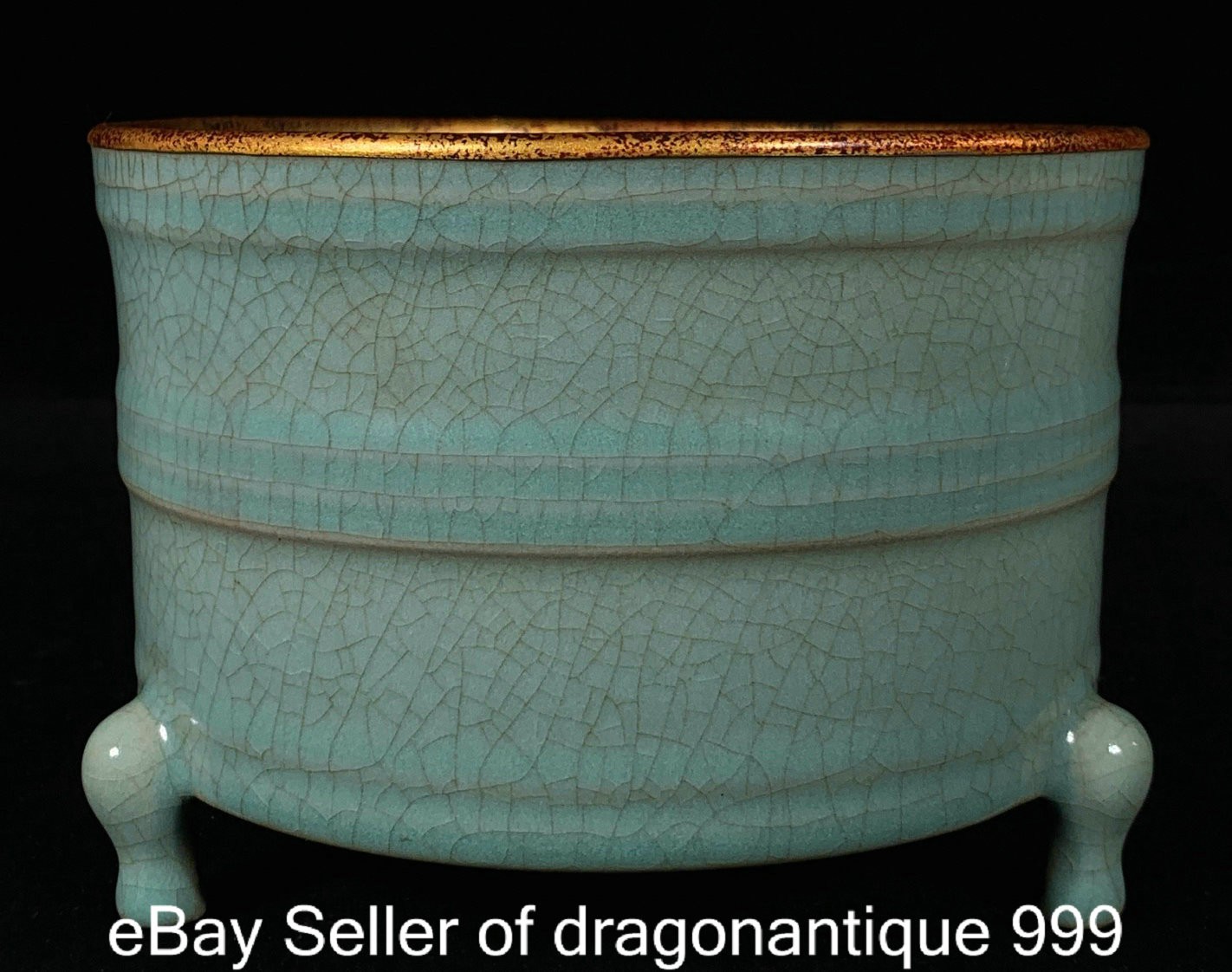 6" Old Chinese Ru Kiln Gilt Porcelain Words Pattern 3 Legs Incense Burner Censer