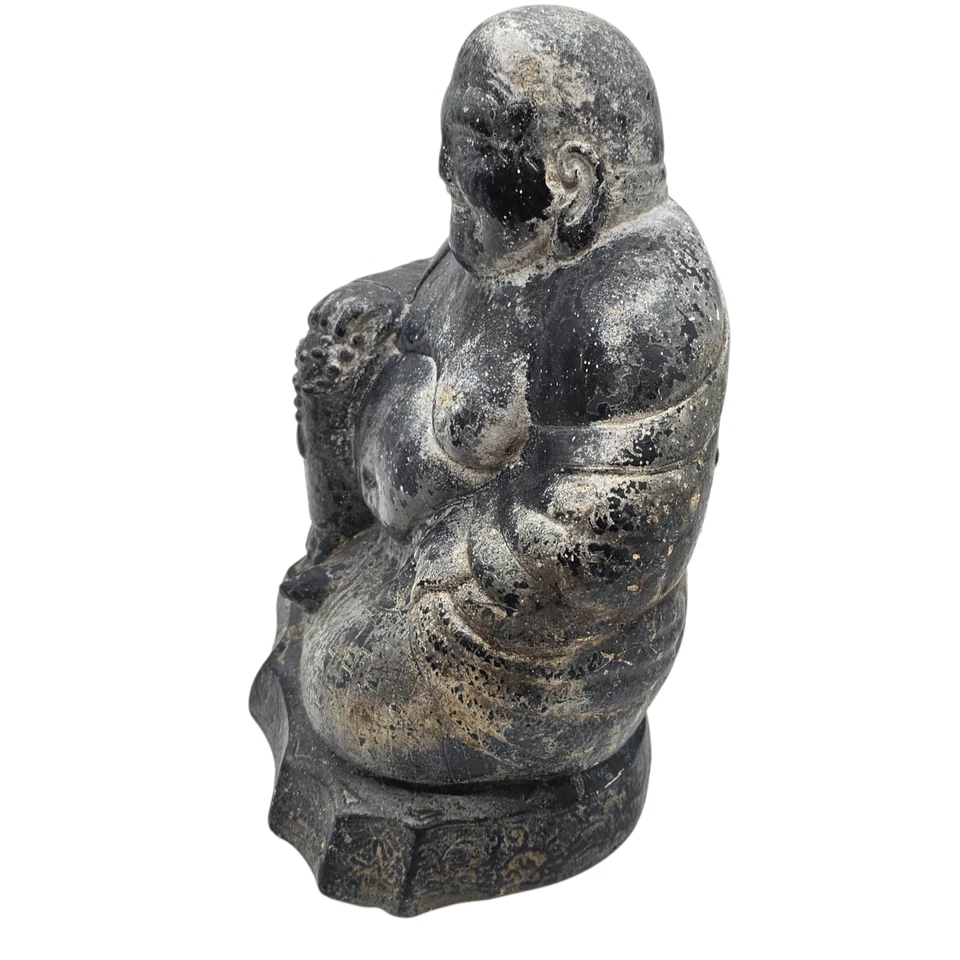 One Vintage 12" Tall Cement Laughing Buddha Garden Art Statue Weathered Concrete - Image 3 of 4