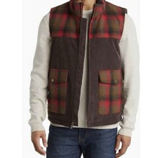 NWT Pendleton Men's Black Hills Corduroy Down Vest in Red/Olive Plaid Sz. M