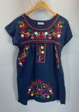 Handmade Mexican Oaxacan Patio Flowers Floral Embroidery Kaftan Dress MD Navy