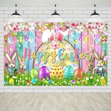 Happy Easter Banner Backdrop Colorful Wood Easter Photography Backdrop Bunny Egg