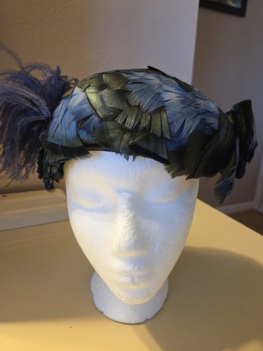 Vintage Hats by Jean Feather Fascinator Hat Iridescent Green Blue Sequins USA