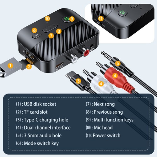Bluetooth 5.3 Receiver Adapter Wireless 3.5mm AUX to 2 RCA USB Audio Adapter - Photo 11/16