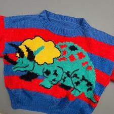 Handmade Dino Sweater Kids 6/7 Blue Red Knit Cartoon Triceratops Retro
