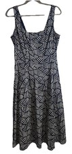 Joie Womens Size 10 Navy White Geometric Print Fit Flare Sleeveless Midi Dress