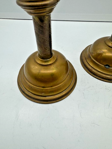 Pair 8 1/2' Tall Brass Candleholders 4" base Etched detail Farmhouse Rustic - Picture 5 of 8