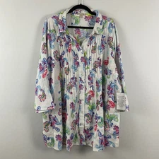 Woman Within Floral Pintuck Button Up Tunic Shirt Size 2X Cotton 3/4 Sleeves