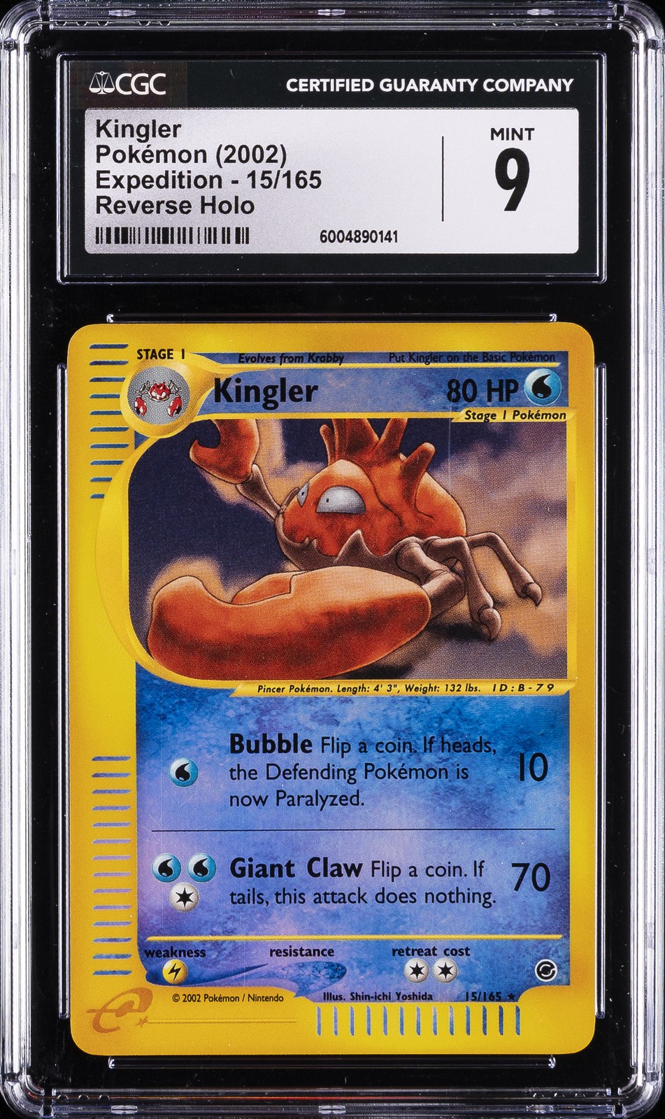 2002 POKEMON EXPEDITION, REVERSE HOLO #15/165 KINGLER CGC 9