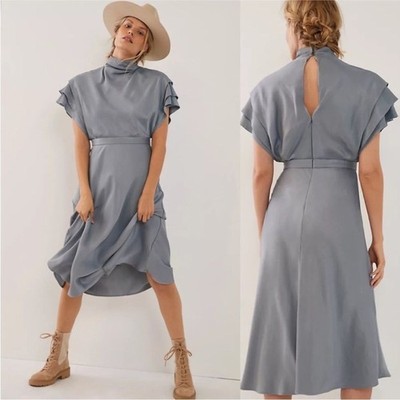 Anthropologie Madeleine Satin Midi Dress Size 2 Iris Blue Wedding Guest Party