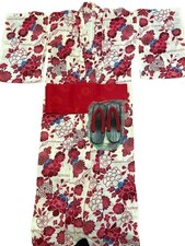 Yukata Set Red White Floral Obi Geta sandal 3pc Women Kimono Summer