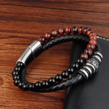 8" Red Tiger Eye Obsidian Men's Leather Bracelet Stainless Steel Magnetic Clasp