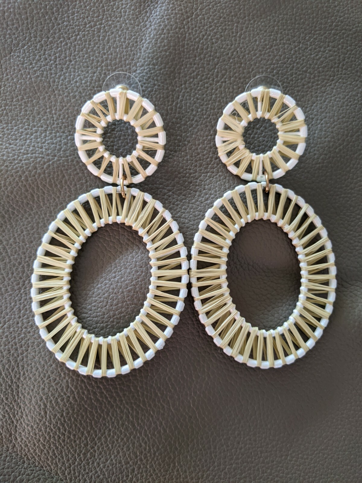 Raffia Woven White Statement Modern Dangle Oversi… - image 1