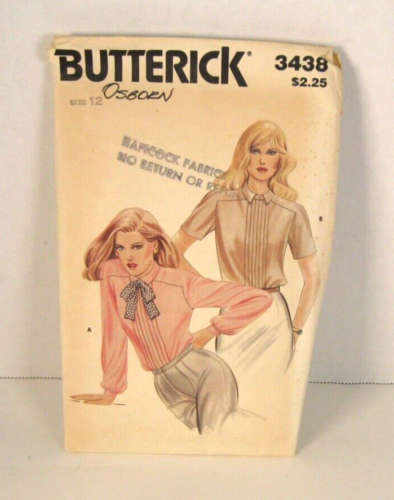Vintage Butterick 3438 Front Buttoning Contrast Tie Blouse Misses 12 Pattern Cut - Afbeelding 1 van 2