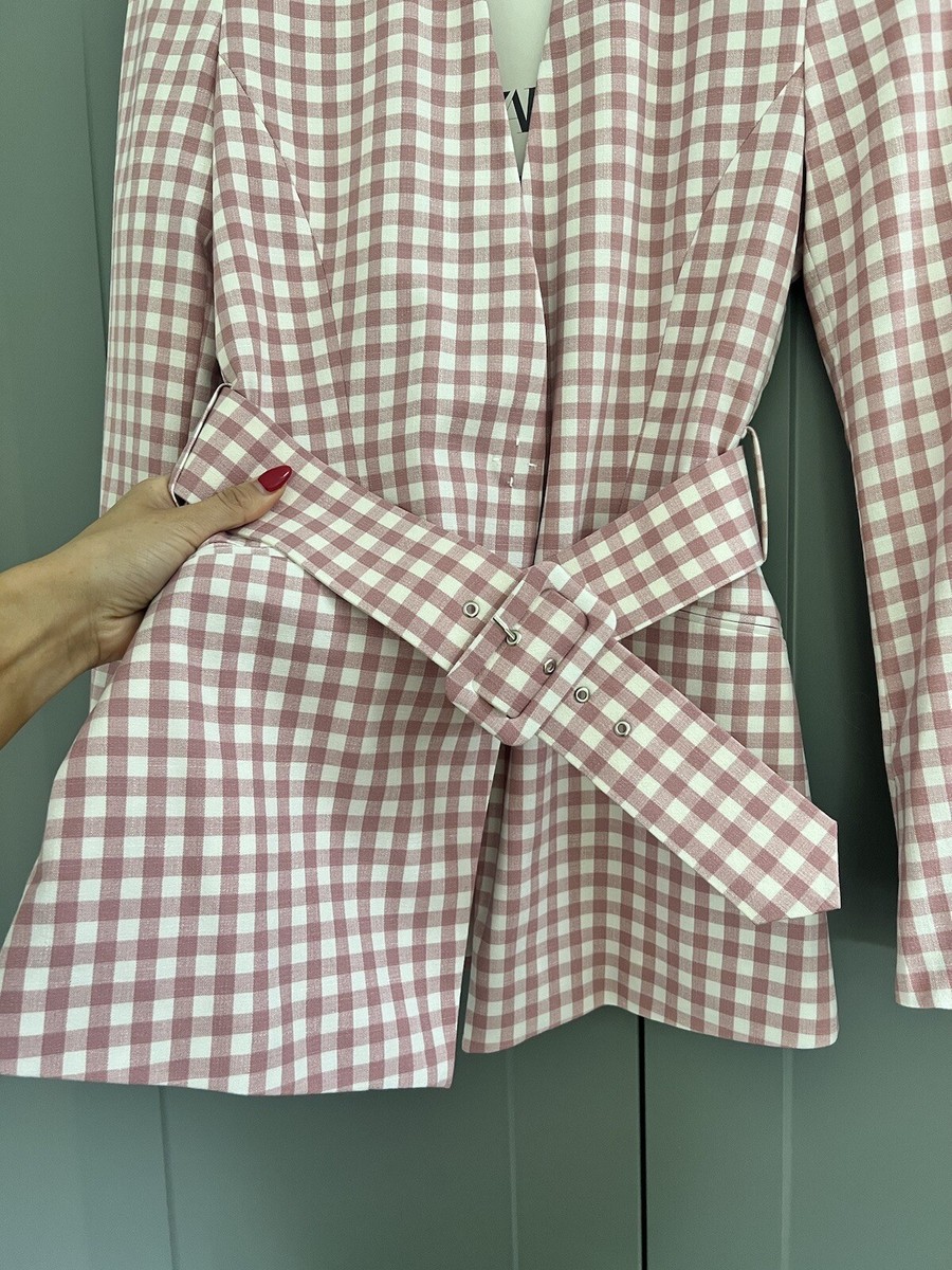 ZARA Pink Gingham Checked Fitted Belted Blazer & Trousers