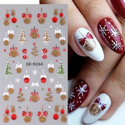 NAIL STICKERS FLOWERS TULIPS 5D Nail Art Stickers Decals Embossed Christmas Tree Snowflakes Baubles Bows 264G