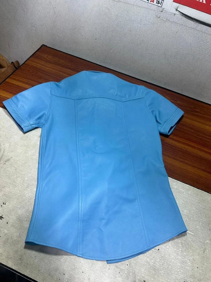 Camisa de cuero para hombre manga corta policía de Nueva York lote piel de cordero azul cielo cuero Foto 3 de 4