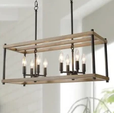 LNC A03674 8-Light Cage Candlestick Island Chandelier in Black with Wood Accents
