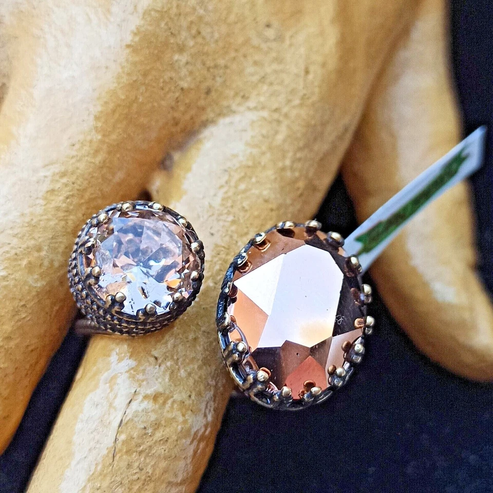 Anillo Michal Negrin Corona Superior Abierta Cristales Bronce y Melocotón Grande Victoriano Nuevo  Foto 4 de 4