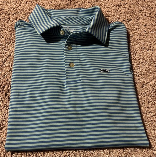 Vineyard Vines boys Large (16) Blue Striped Performance Polo Shirt