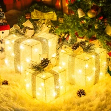 Set of 3 Christmas Lighted Gift Boxes,Indoor Outdoor Christmas Decorations, 65 L