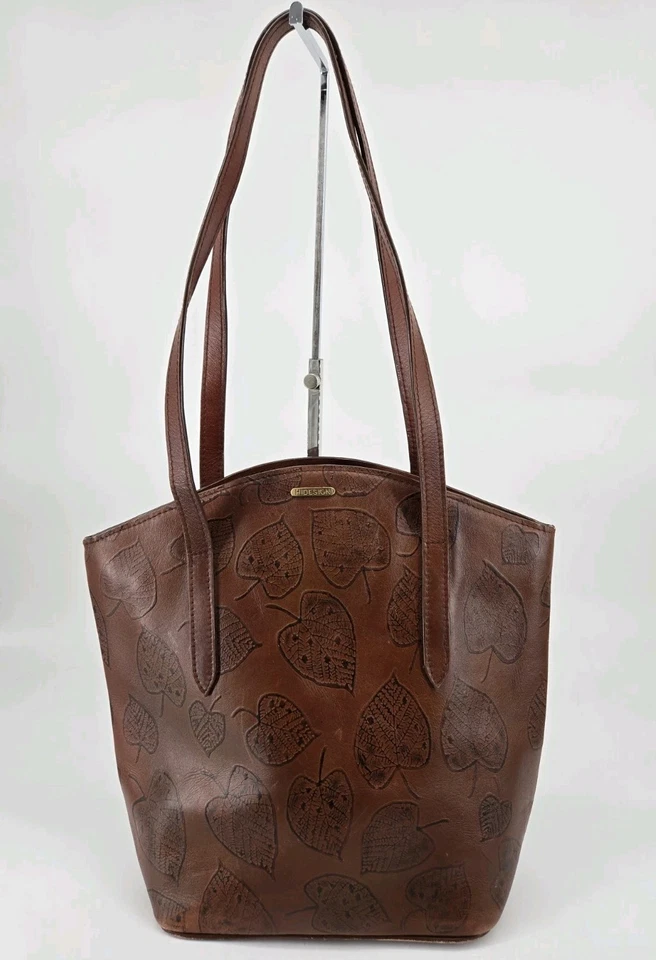 Hidesign Boho Chic Embrossed Leaf Leather Bonn Bucket Tote Soulder Bag Purse - Image 2 of 4