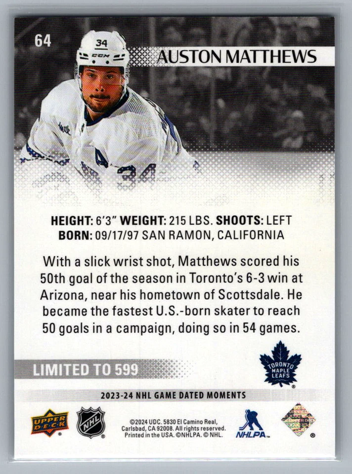 2023-24 Upper Deck Game Dated Moments /599 Auston Matthews #64 - Image 2 of 2
