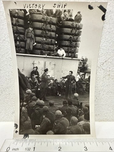Vintage Snapshot Photo US Military Band Musical Performance on Victory Ship WWII