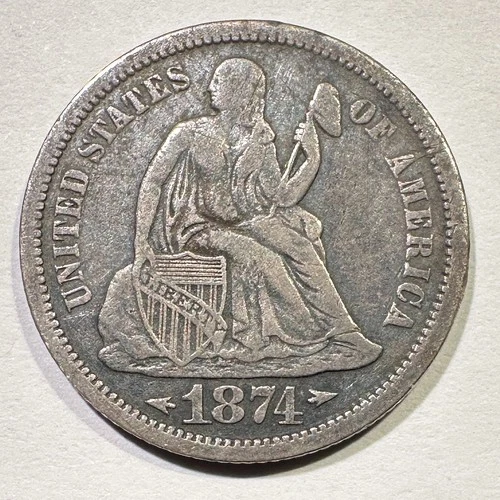 1874-S Seated Liberty Dime Silver Semi Key Date Scarce Album Coin Small Thin S 2