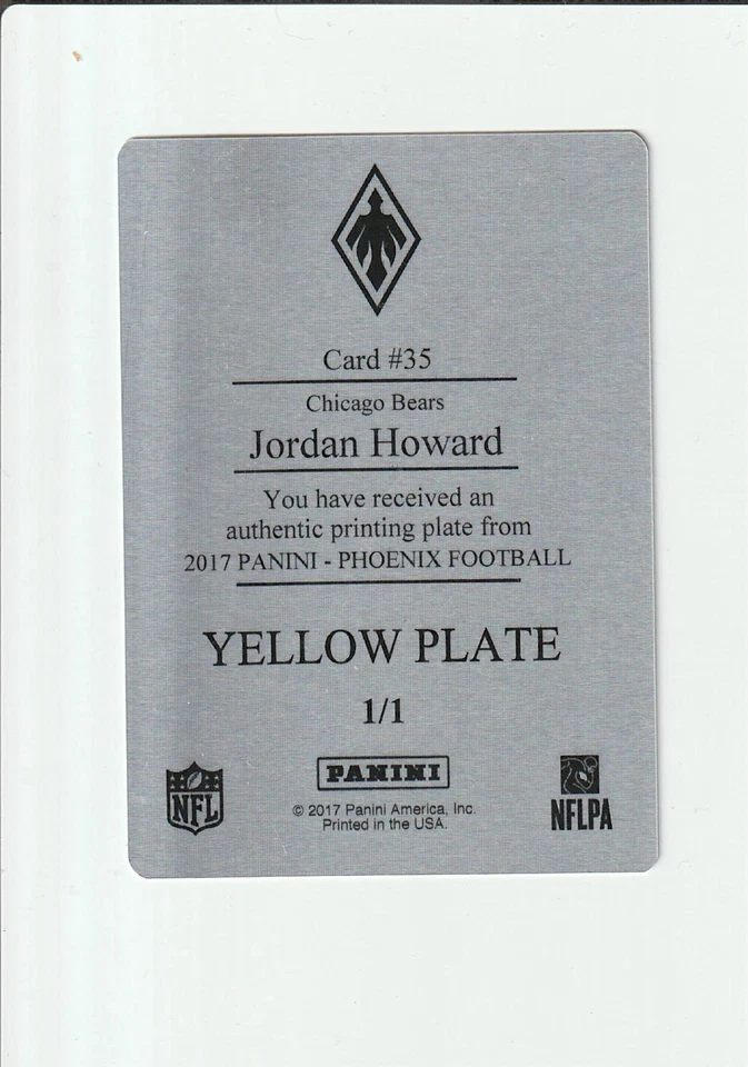2017 Panini Phoenix Printing Plate YELLOW 1/1 Jordan Howard #35 - Image 2 of 2