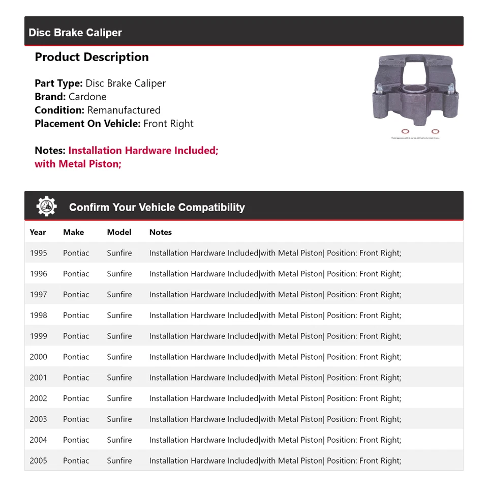 Pinza de freno de disco delantera derecha Cardone 1996 1997 Pontiac Sunfire 1995-2005 Foto 2 de 4