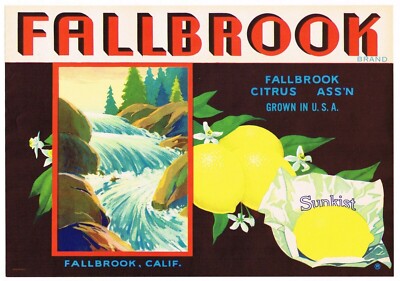 TWO Genuine 1930's - 1940's Sunkist Lemon Crate Label from Fallbrook California