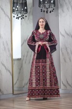 Palestinian Women Embroidered Thobe and Head Scarf Tatreez Heritage Wide Sleeves