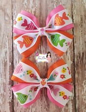 Fish Flowers Piggy Hair Bow Set, Double Layered Pinwheel Bows, Girls, Clip