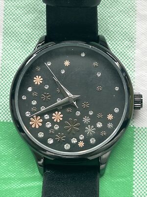 Time & Tru TM Crystal Accents Black Vegan Leather Band Quartz Watch Womens