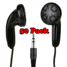 Bulk School Classroom Pack of 50 Black Earbuds/Headphones - Individually Wrapped