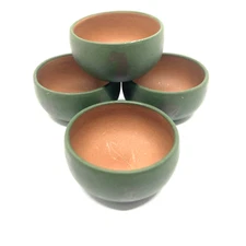 Lot Of 4 Vintage Redware Open Salt Cellars Hand Painted Green Watermelon Print