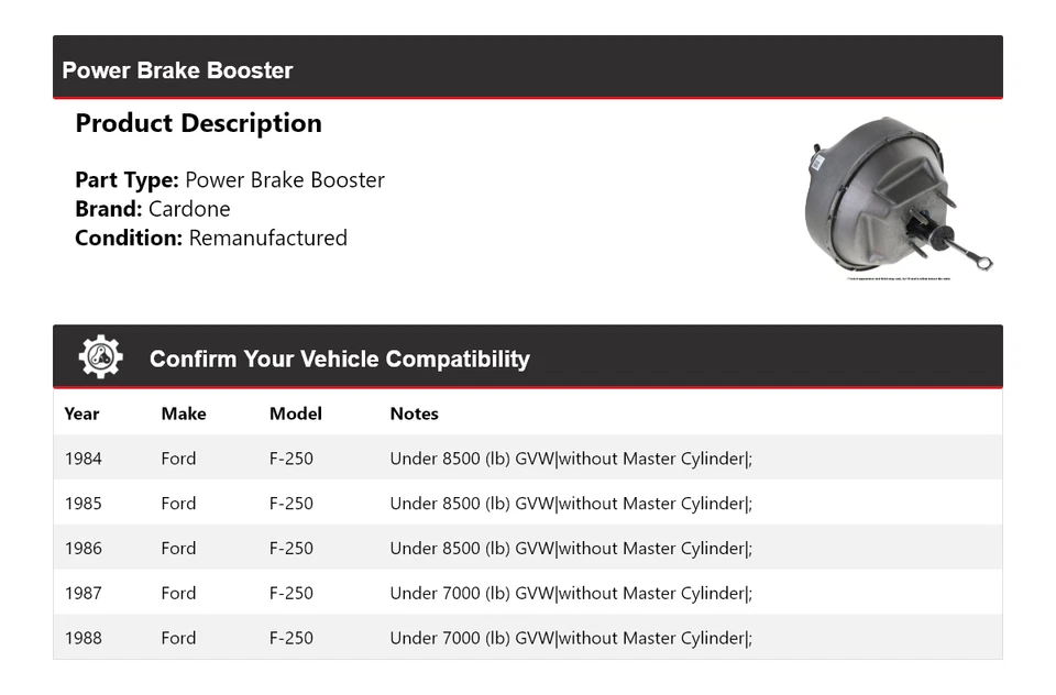 Para Ford F-250 1984-1988 Power Brake Booster Cardone 1985 1986 1987 Foto 2 de 3