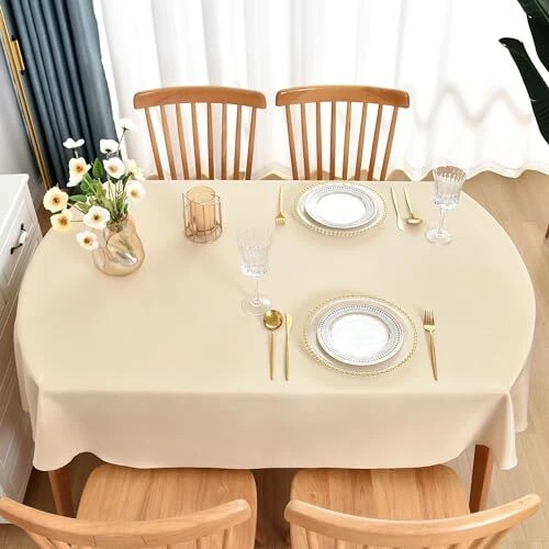 Oval Tablecloth 60x84 Inch Polyester Fabric Table Cloth Oval-60X84 Inch Beige - Image 3 of 4