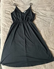 H & M Spaghetti Strap Slip Dress Cinched V Neck Black Maxi Sundress Shift