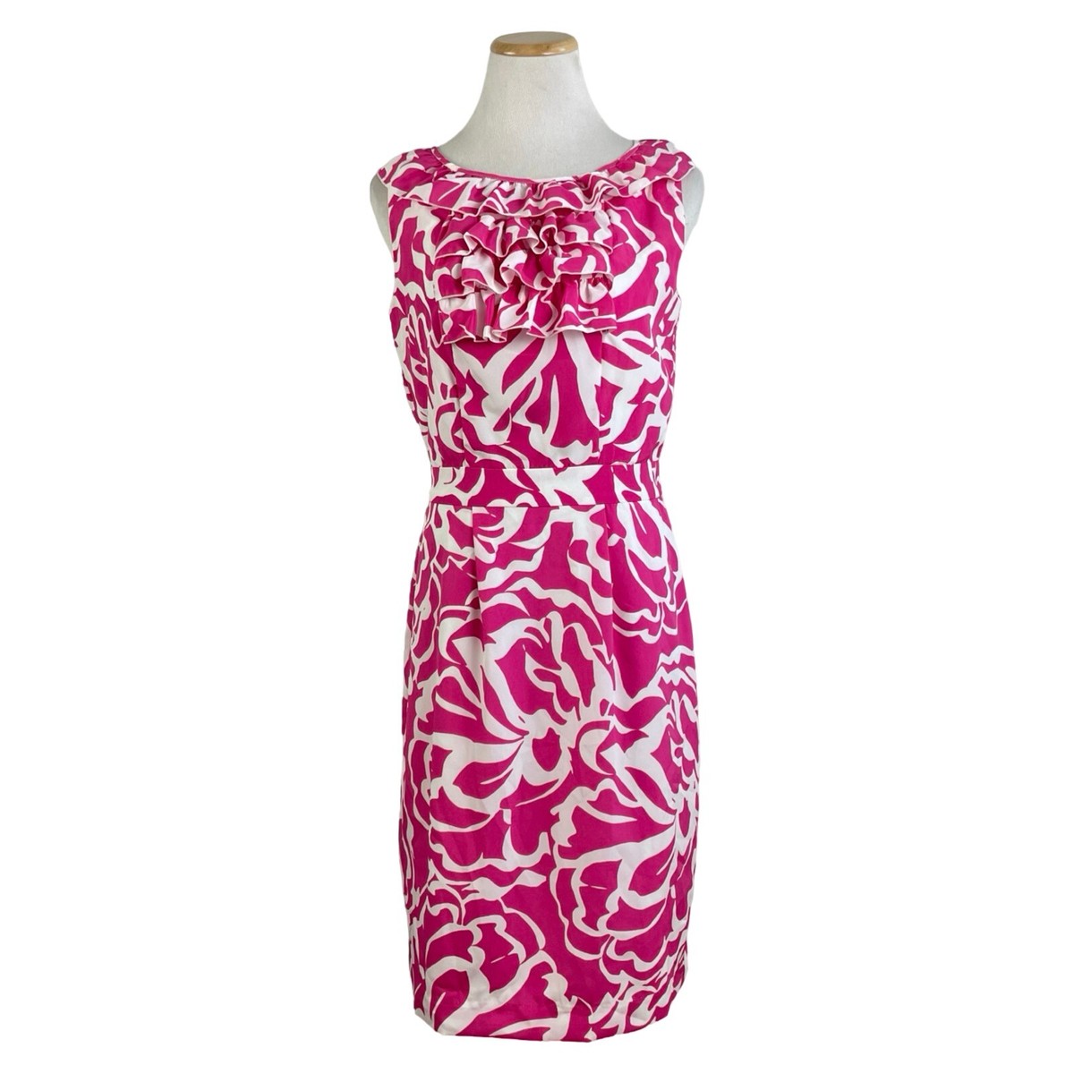 BANANA REPUBLIC Dress Hot Pink White Print Ruffle Trim Size 4 Fitted Waist  Fancy